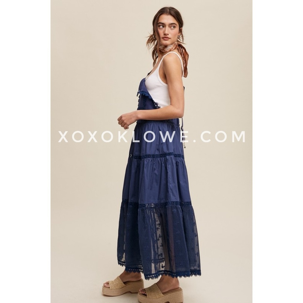 Listicle Navy Blue Lace + Embroidered Tiered Overall Dress | Trails End Skirtall - Picture 4 of 12